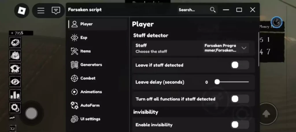 Forsaken Script GUI dashboard